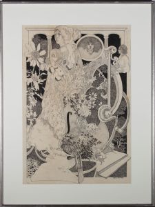 Terence John Daily -20th Century Pen and Ink Drawing, Music And Flowers Entwined