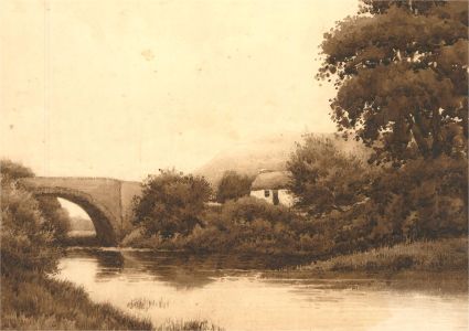Early 20th Century Watercolour - Sepia River And Bridge