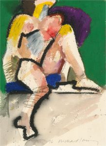 Richard J.S. Young - 1996 Oil Crayon, Colourful Seated Nude on Green