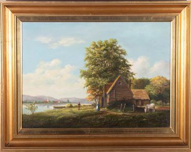 Contemporary Oil - Cottage Scene with Villagers