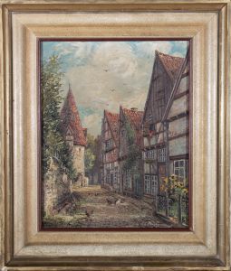 Hans-Erich Pfenningschmidt - Early 20th Century Oil, Chickens on Cobblestones