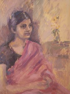 20th Century Oil - Girl in Pink Saree