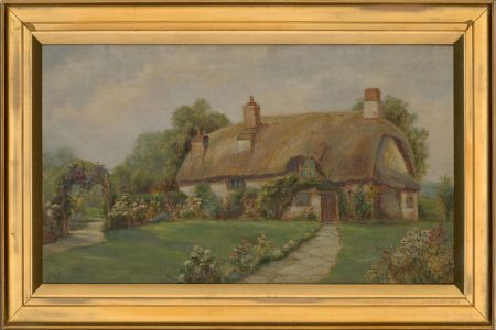 M.S. - Early 20th Century Oil, Thatched Cottage and Garden