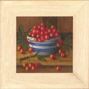Patricia Newman - Contemporary Oil, Cherries in Cornishware Bowl