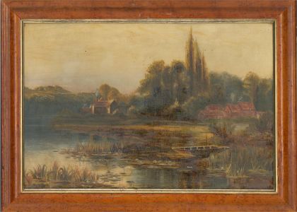 Attrib. A. J. Meadows (1843-1907) - 1867 Oil, Cottages on the Lake
