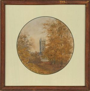 J.B.A - Signed 1879 Watercolour, Autumn Church Scene