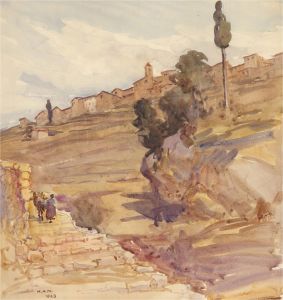 H.A.N - Signed and dated 1923 Watercolour, The City on the Hill
