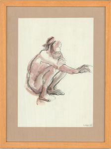 Diane Magee - 1985 Graphite Drawing, Crouching Nude