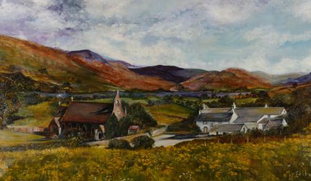 20th Century Oil - Mountainous Village Scene with River