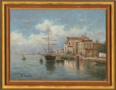 R. Ciprini - Signed Contemporary Oil, Venetian Docks
