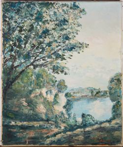 B. Nathan - 20th Century Oil, Rocky Lake Landscape