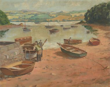 E. Desborough - Mid 20th Century Oil, Boats at the Estuary
