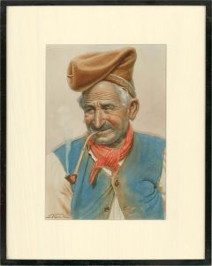 Antonio E Fiorentino (1894-1962) - Framed Watercolour, European Man with Pipe