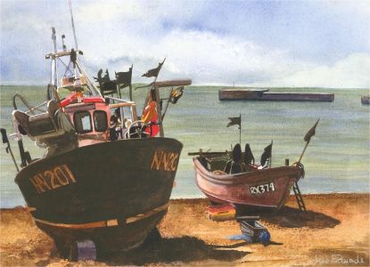 Jane Edwards - Signed Contemporary Watercolour, Boats on the Shore