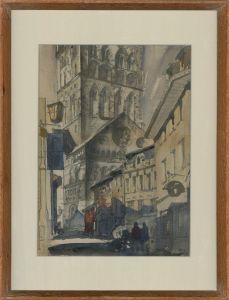 G. Rock - 1955 Watercolour, Church in Düsseldorf, Germany