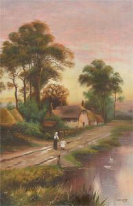 A. Greenwood - 1927 Oil, The Village at Sunset