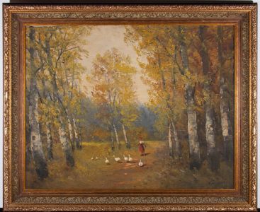 Mid 20th Century Oil - Young Girl With Geese