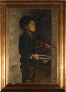 Framed American School Early 20th Century Oil - Young Busker