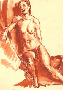 Peter Collins ARCA - 20C Pen and Ink Drawing, Study of a Female Figure in Red