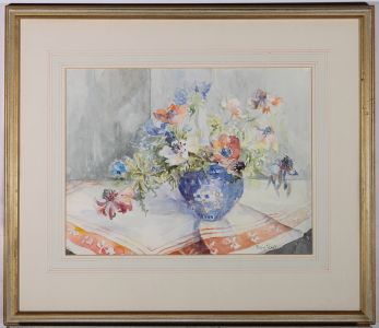 Penny Ward - 20th Century Watercolour, Poppies in a Blue Vase