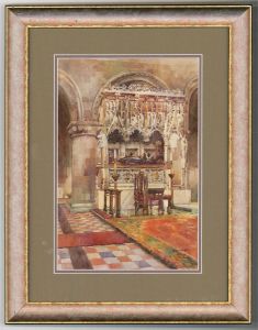 Edward Lyon - 1923 Watercolour, Church Interior With Tomb