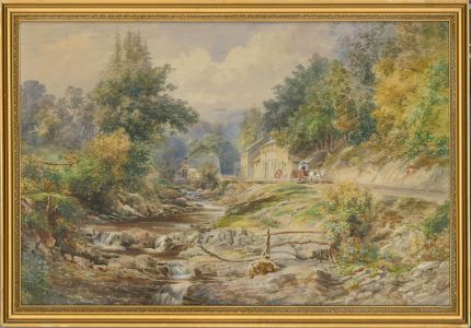 Edward Salter (1835–1934) - 1877 Watercolour, Pony And Trap By The River