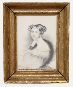 Mid 19th Century Graphite Drawing - Lady with Feather Boa