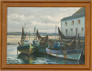 Framed Contemporary Oil - Fishing Boats in the Harbour
