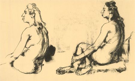 20th Century Pen and Ink Drawing - Two Seated Nudes