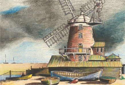 20th Century Watercolour - Windmill On The Shore
