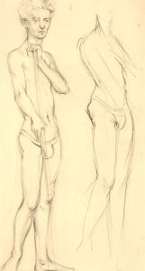 20th Century Charcoal Drawing - Standing Male Nude
