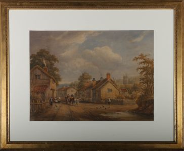 Framed Mid 19th Century Watercolour - Village Scene with Horse Drawn Cart