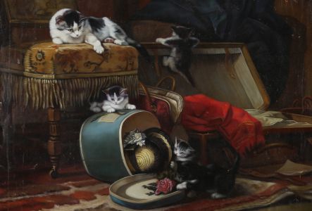 After Henrietta Ronner-Kipp - 20th Century Oil, Kittens Causing Havoc