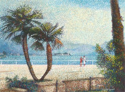 Pointalist Mid 20th Century Oil - On The Promenade