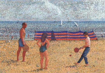 Pointalist Mid 20th Century Oil - Tennis on the Beach