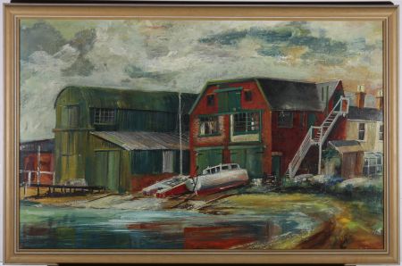 British School Mid 20th Century Oil - The Boat Yard