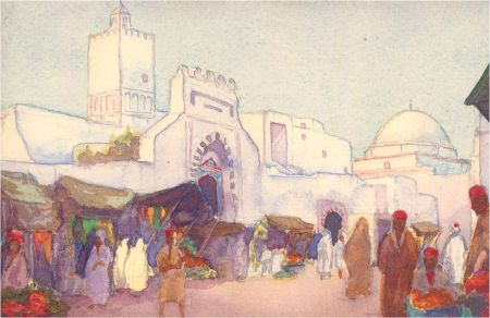 Noel Syers - 1927 Watercolour, Vibrant Market