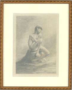 A. Hvam - Signed and dated 1986 Graphite Drawing, Female Nude on Tree Trunk