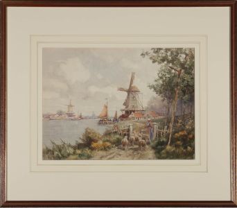 J. R. Miller (1880-1912) - watercolours, Ferry on the River Maas (Meuse)