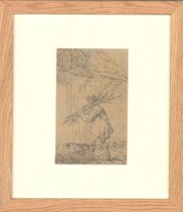 19th Century Graphite Drawing - Fetching Firewood