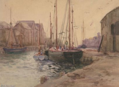 Robert Buchan Nisbet (1857-1942) - Watercolour, Boats in a Harbour