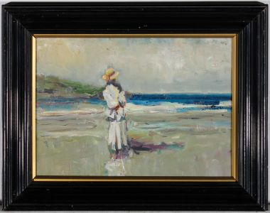 Mid 20th Century Oil - Strolling Along the Beach