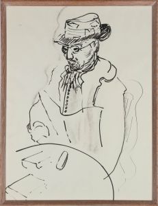 French School Mid 20th Century Pen and Ink Drawing - Man at the Cafe