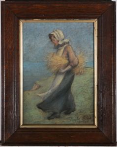 Lancelot Roberts - Framed 1908 Pastel, Farm Girl with Wheatsheaf
