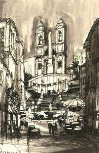 R. Bamiols - Signed Mid 20th Century Pen and Ink Drawing, The Spanish Steps