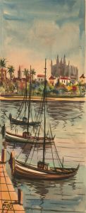Goyo - Signed Mid 20th Century Watercolour, Boats Moored at the Harbour