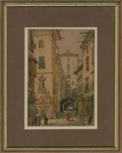 N. Oran - Framed 19th Century Watercolour, Continental City Street
