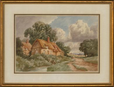 Henry Joseph Reynolds (1885-1977) - watercolours, Thatched Cottage on the River