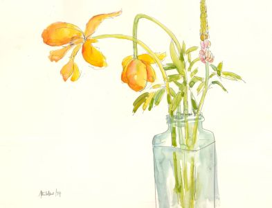 Peter Collins ARCA - 1974 Watercolour, Tulips & Lupins
