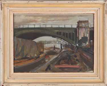 Fletcher - Early 20th Century Gouache, Barges under a Thames Bridge